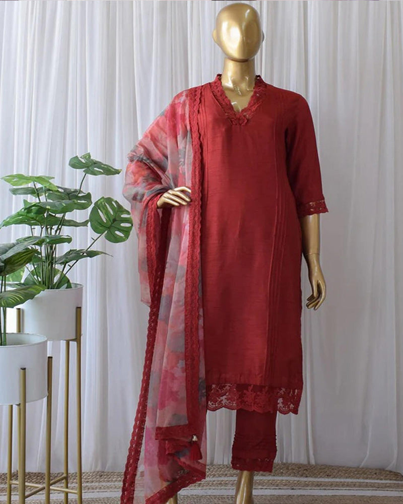 Red Soft Cotton Silk Kurti Pant With Dupatta