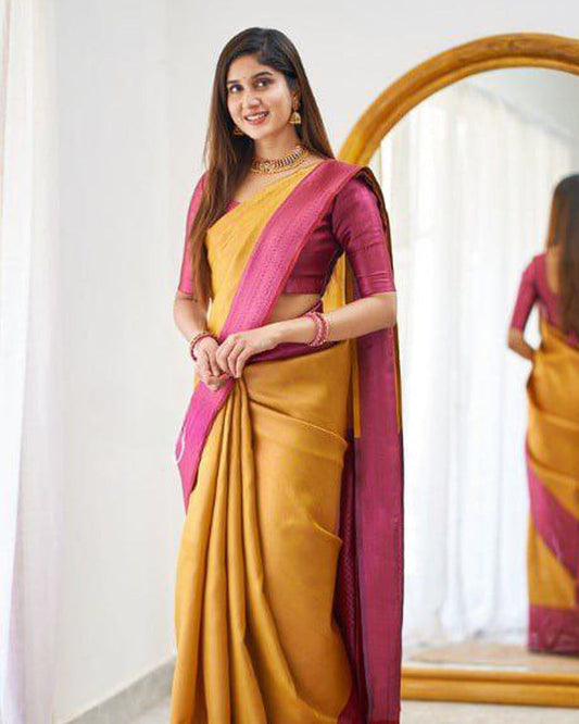 Mustard Yellow Soft Banarasi Silk Saree With Exclusive Jacquard Border