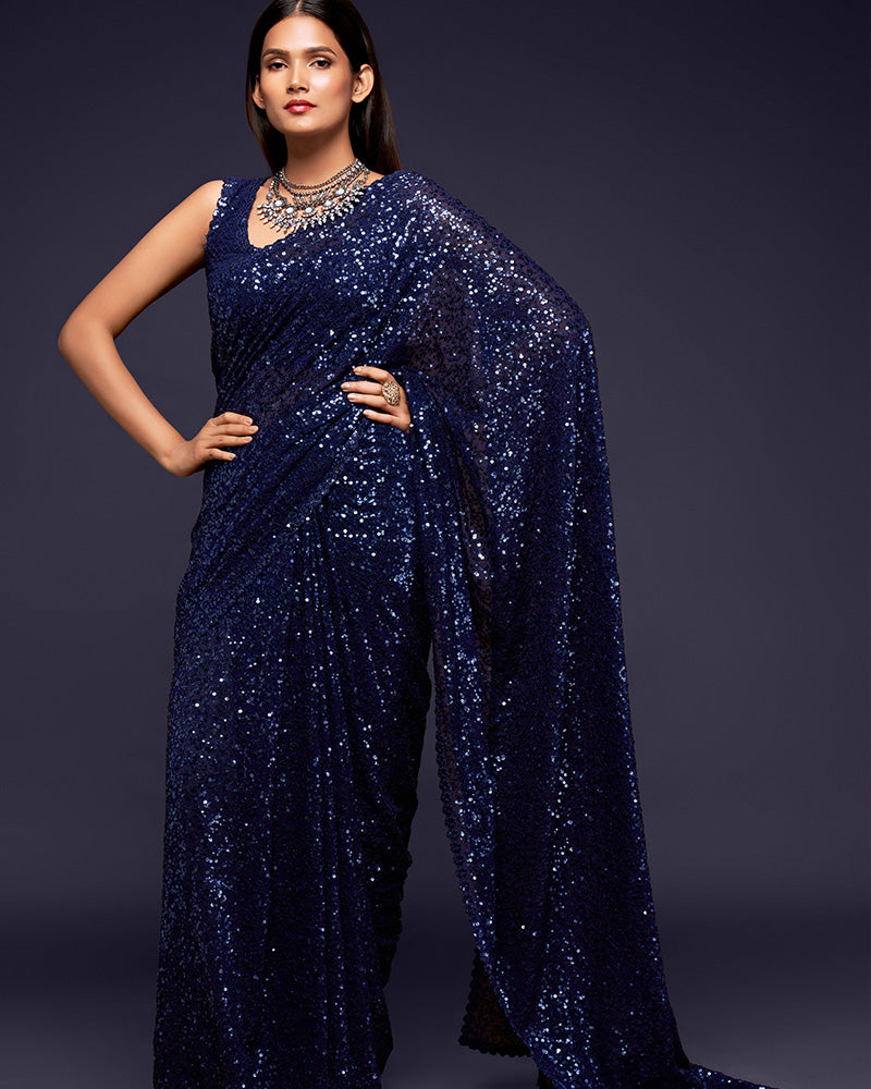 Blush Blue Color DESIGNER MULTIPAL SEQUENCES EMBROIDERY GEORGETTE SAREE