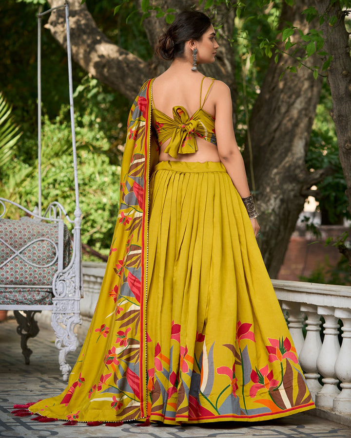 Mustard Chanderi Floral Printed lehenga Choli