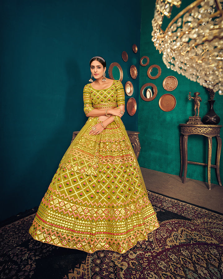 Designer Georgette Embroidery Lime Color Lehenga Choli