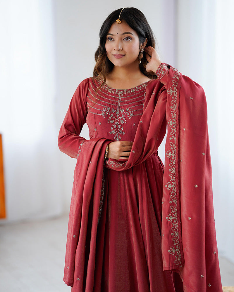 Designer Maroon Color Roman Shimmer Chanderi Silk Anarkali Suit