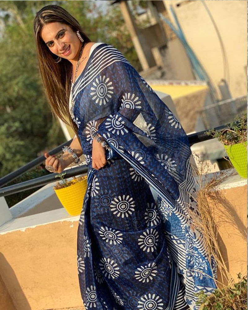 Navy Blue Cotton Ready To Wear Saree