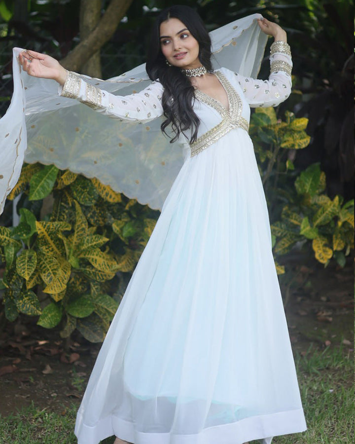 Wedding Wear Embroidered White Color Alia Cut Gown With Dupatta