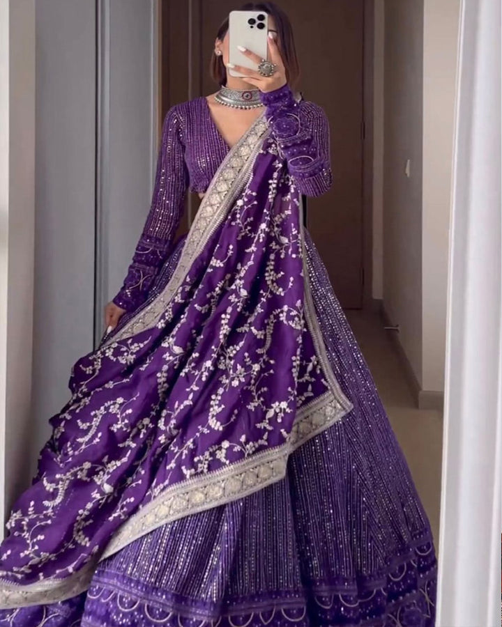 Purple Lucknowi Style Sequence Embroderied Georgette Lehenga Choli