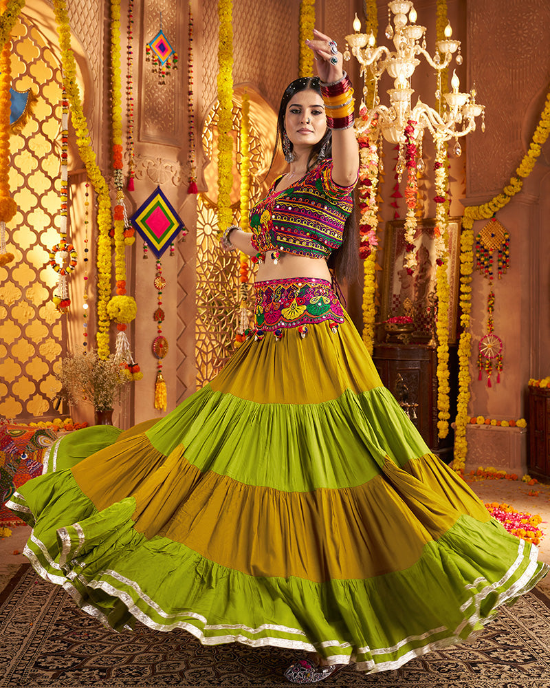 Traditional Mustard Multi Color Thread And Mirror Work Lehenga Choli
