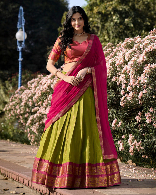 Pista Color Kanchipuram Silk Designer Half Saree