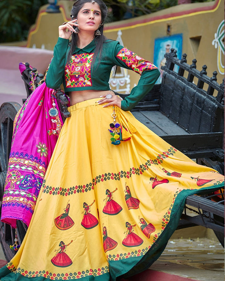 Yellow Green Soft Cotton Real Mirror Navratri Lehenga Choli