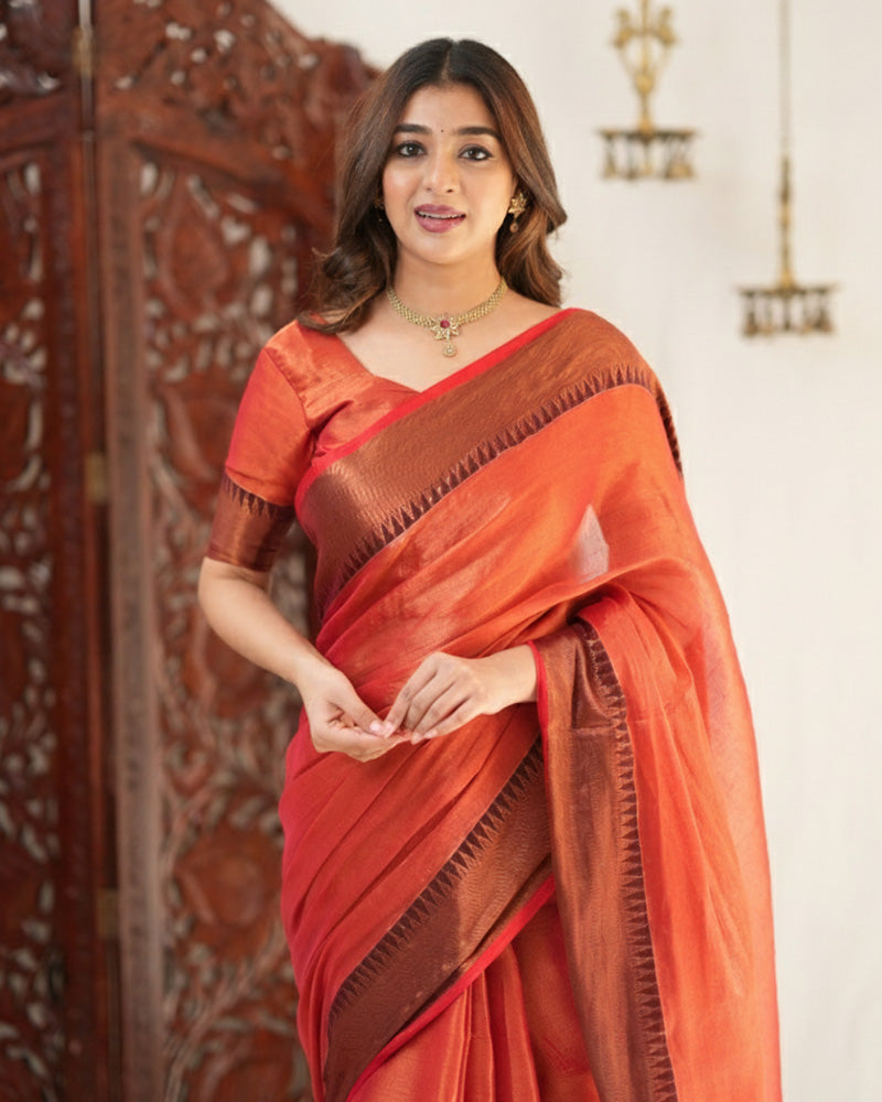 Orange Color Tissue Cotton Saree