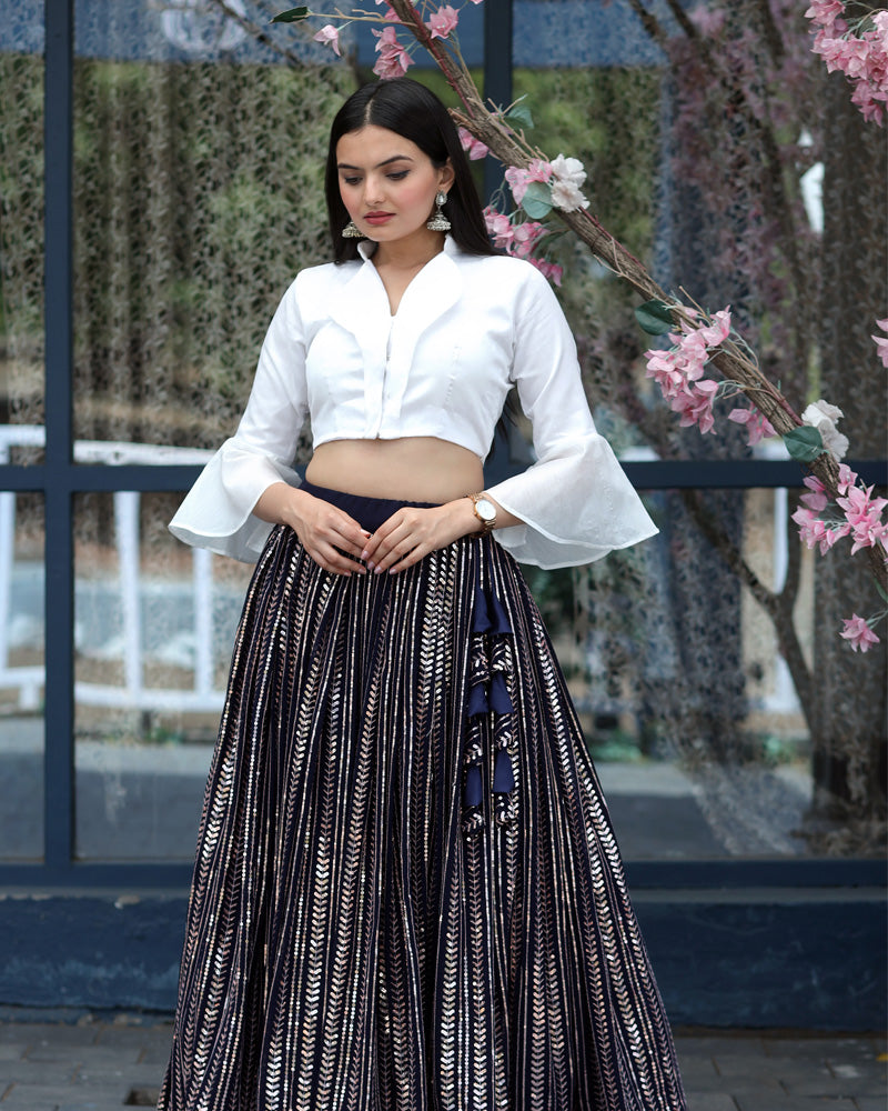 White And Black Color Faux Blooming Designer Sequence Lehenga Choli