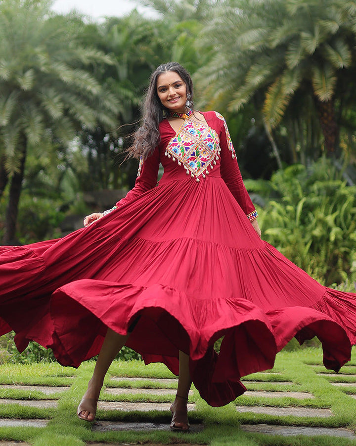 Maroon Color Rayon Gamthi Style Navratri Gown