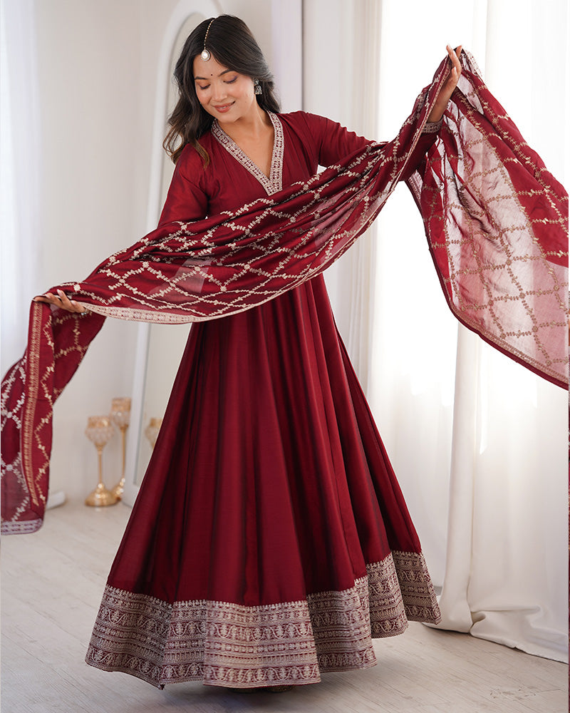 Maroon Color Vichitra Silk Embroidered Gown