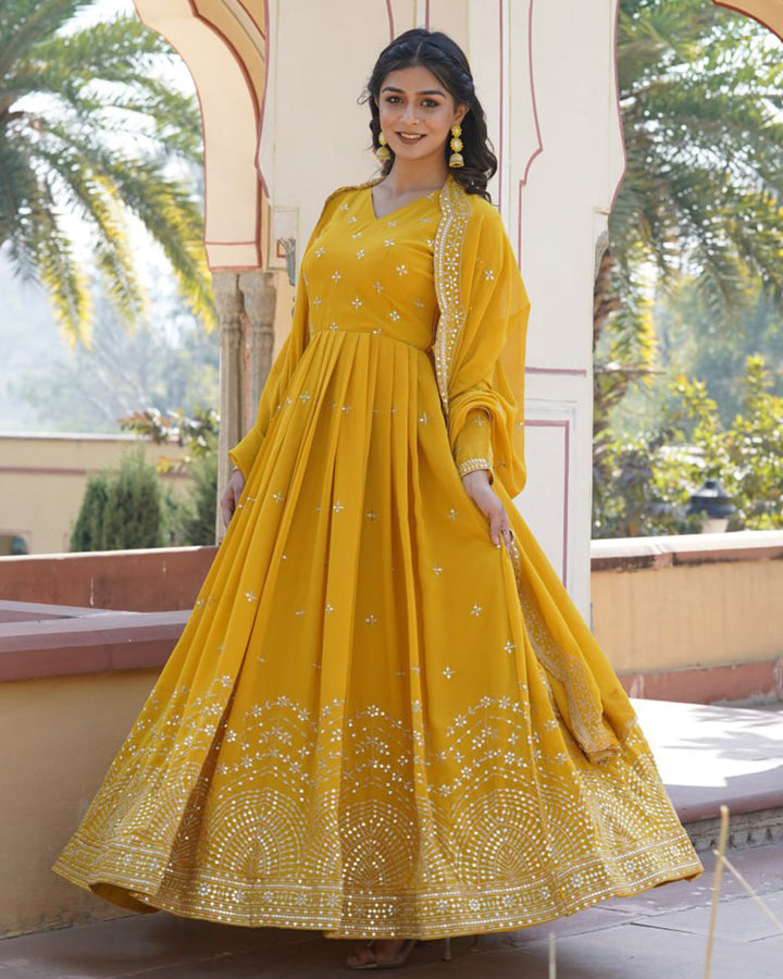 Beautiful Yellow Color Georgette Gown With Sequence Embroidery Dupatta
