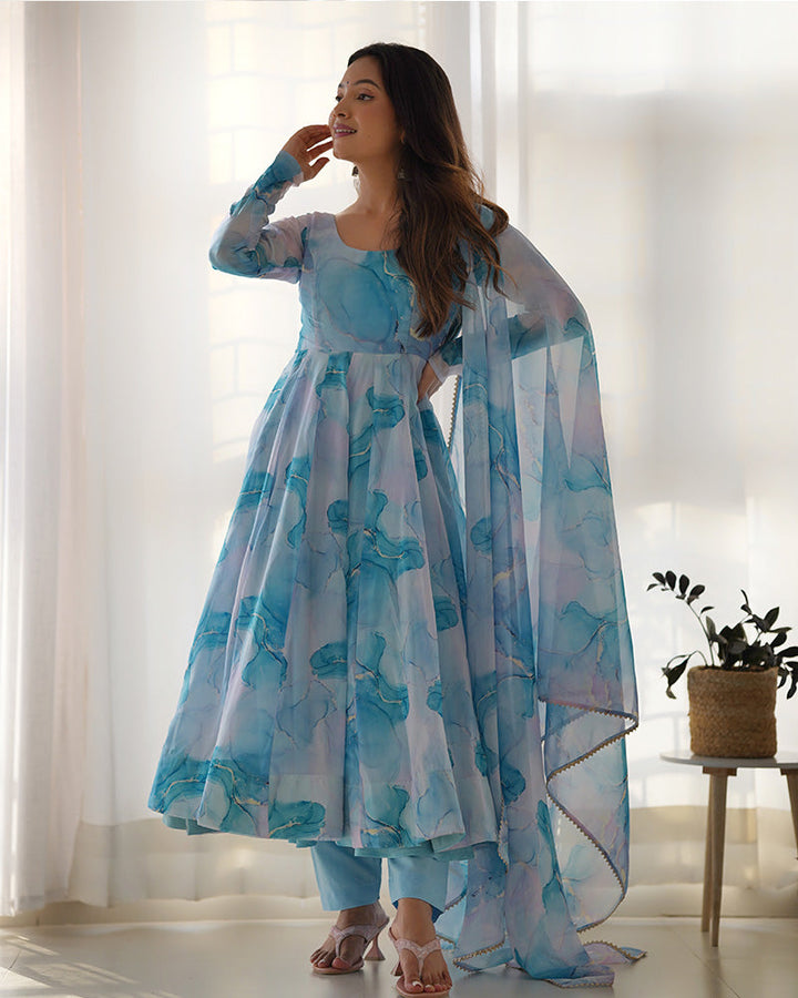 Sky Blue Color Pure Soft Organza Three Piece Anarkali Suit