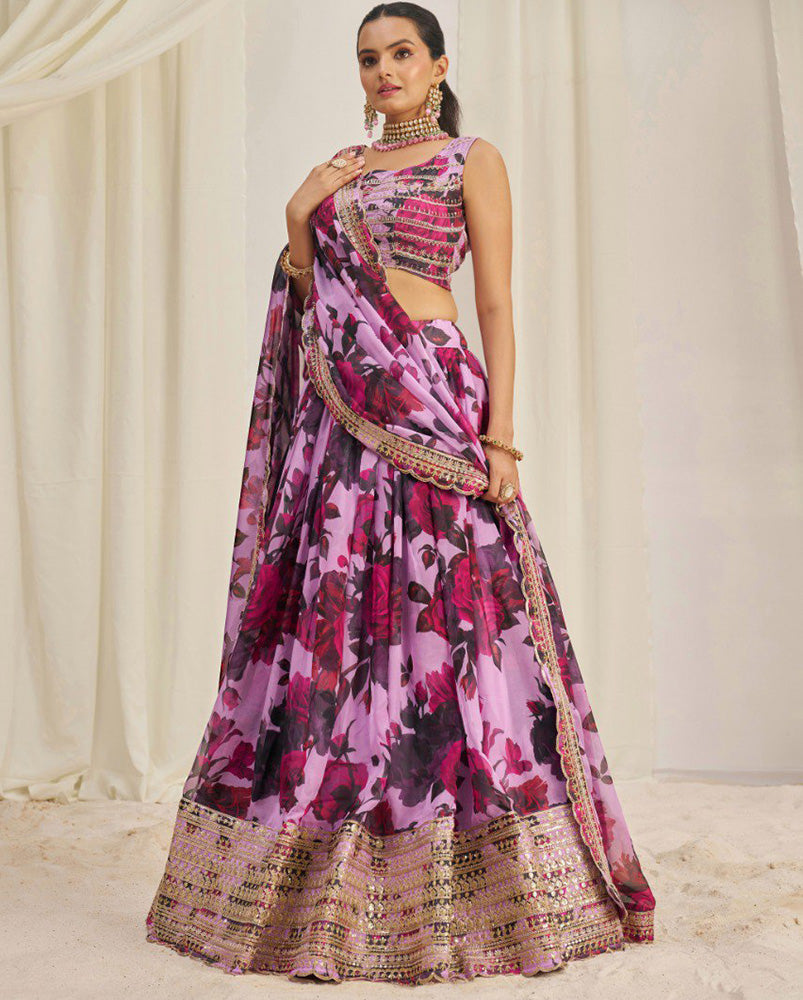 Purple And Pink Color Floral Printed Organza Lehenga Choli