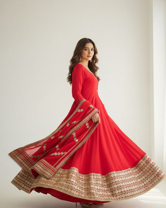 Red Color Chinon Silk Sequins Embroidered Gown