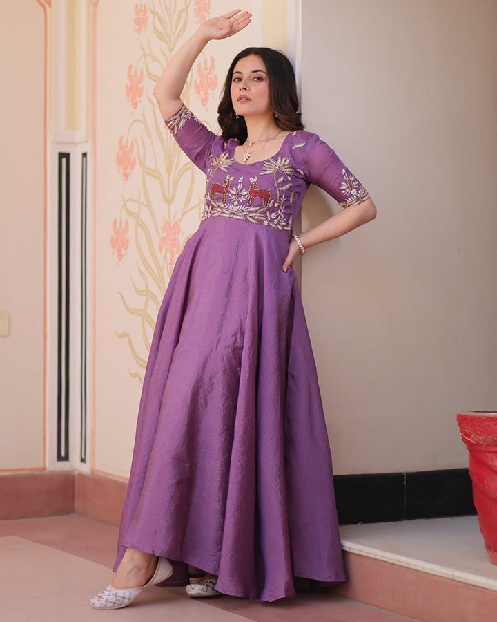 Lavender Color Gold Crush Embroidered Work Gown