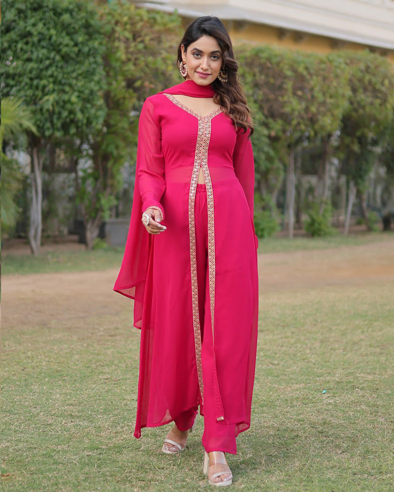 Western style Pink Color Georgette Kurti Pant With Dupatta