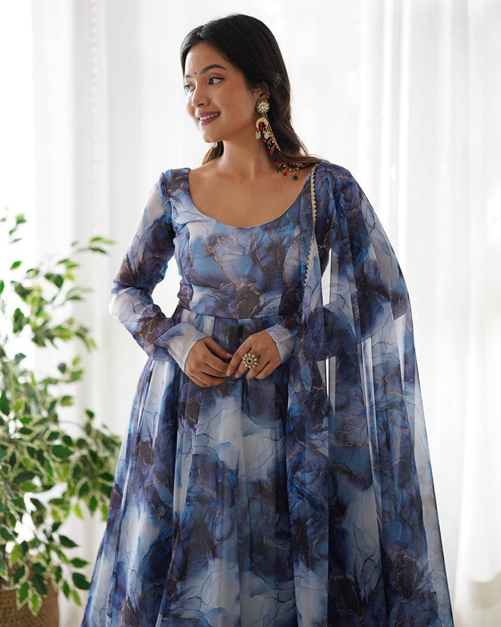 Navy Blue Color Pure Soft Organza Three Piece Anarkali Suit