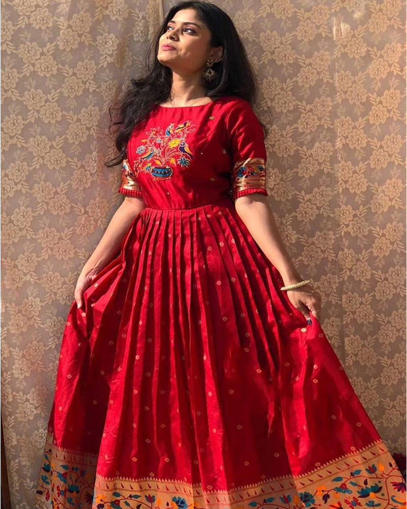 Red Banarasi Silk Gown With Jacquard Weaving Work