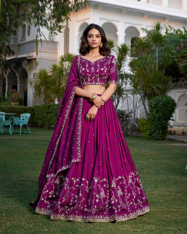 Wine Color Vichitra Silk Sequence Embroidery Half Saree