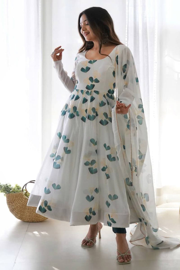 White Color Amazing Print Organza Tabby Silk Anarkali Suit With Pent & Dupatta