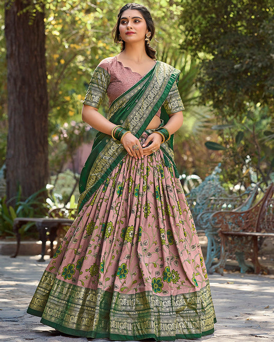 Onion Color Tussar Silk Kalamkari Printed Navratri Lehenga Choli