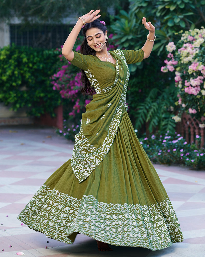 Green Color Lightweight Cotton Chanderi Lehenga Set
