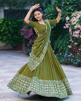 Green Color Lightweight Cotton Chanderi Lehenga Set