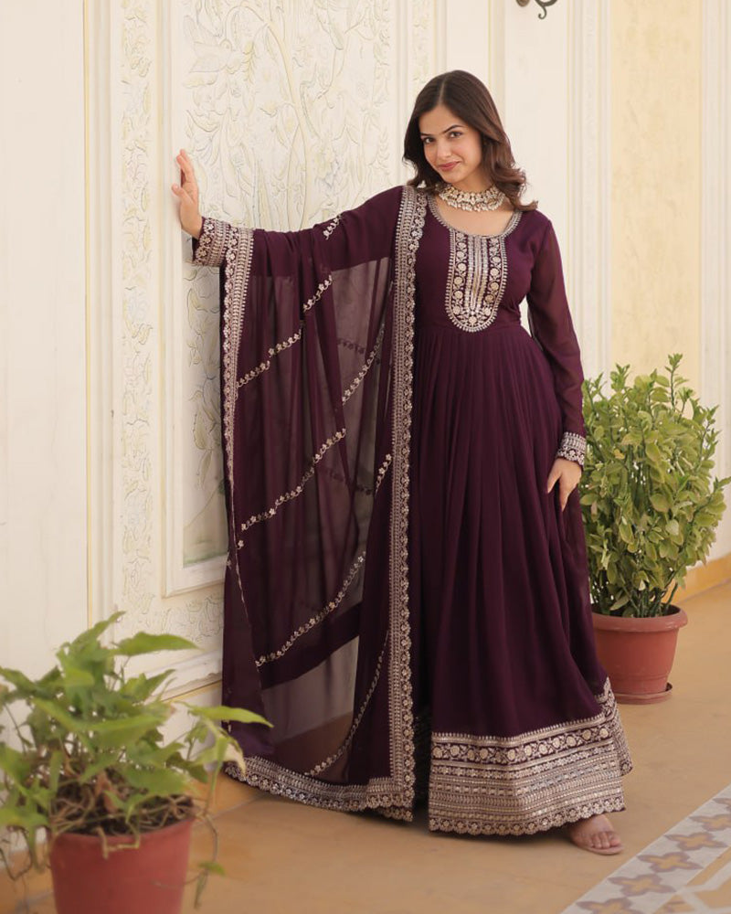 Wine Color Faux Blooming Rich Sequence Embroidered Gown