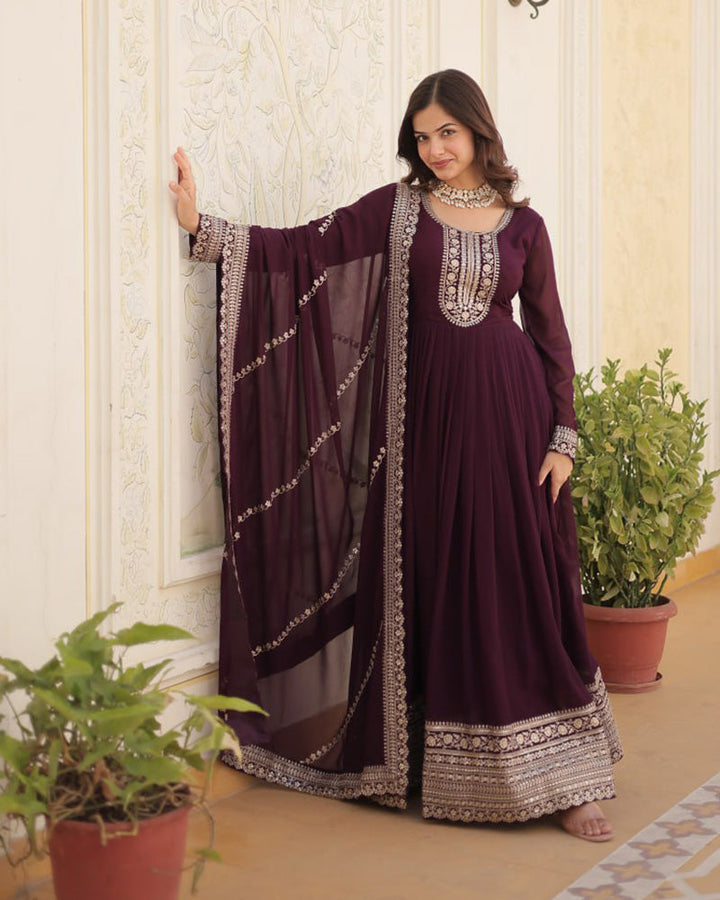 Wine Color Faux Blooming Rich Sequence Embroidered Gown