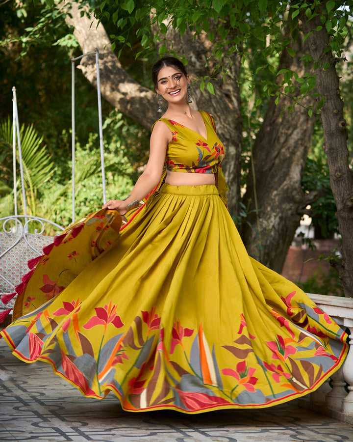 Mustard Chanderi Floral Printed lehenga Choli
