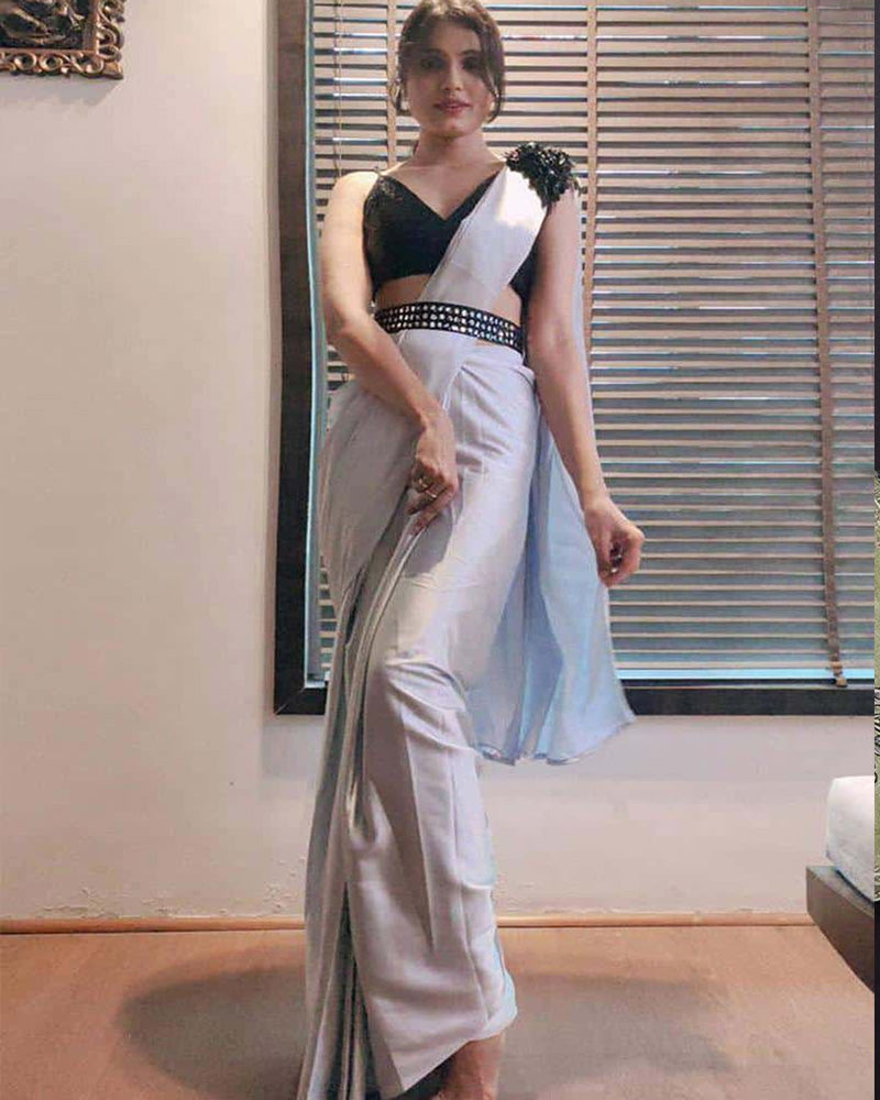 Gray Satin Silk Ready To Wear Saree With Belt