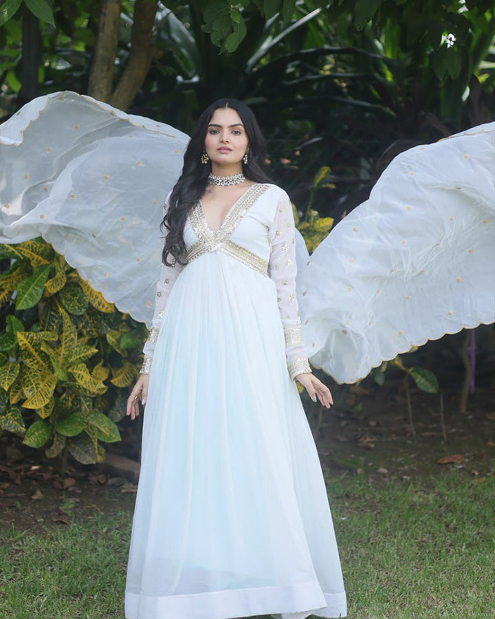 Wedding Wear Embroidered White Color Alia Cut Gown With Dupatta
