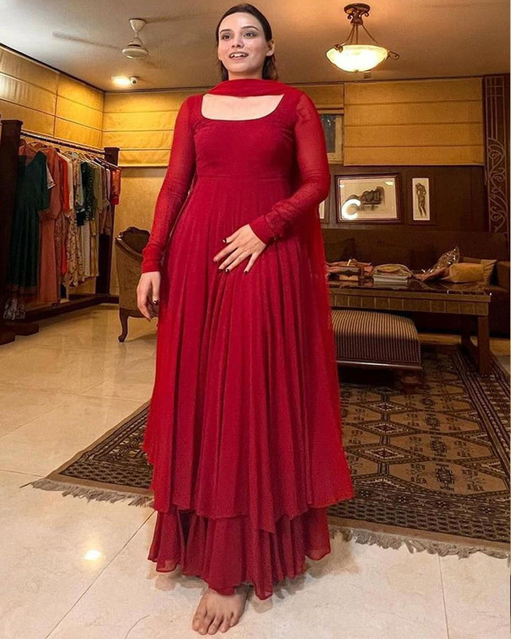 Red Two Layer Georgette Anarkali Suit