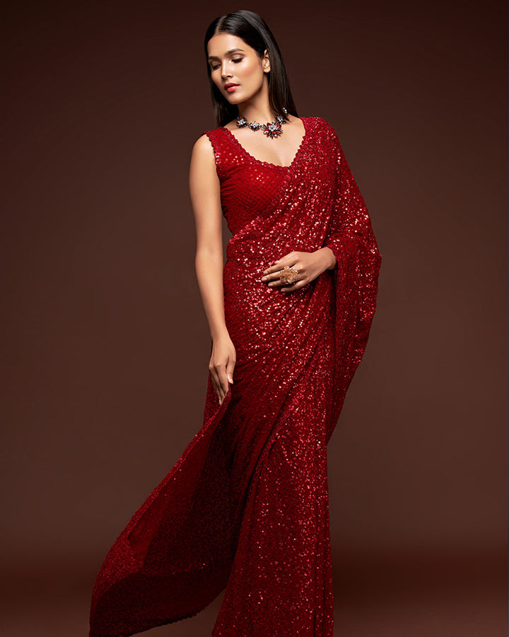 Ruby Red Color Designer Multipal Sequences Embroidery Georgette Saree