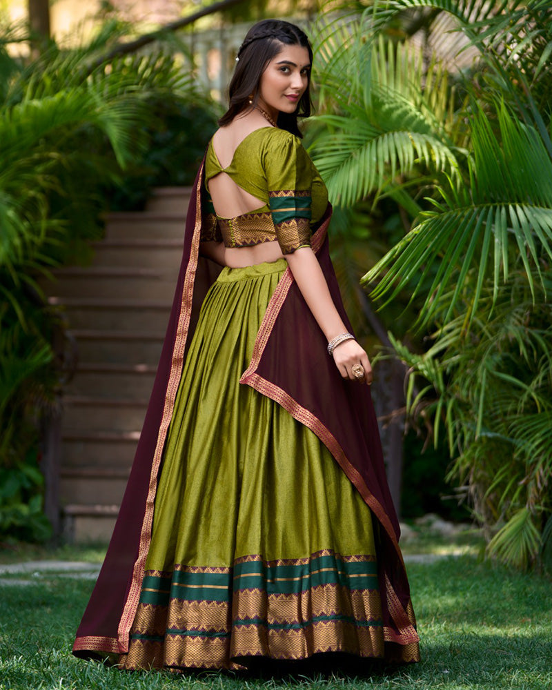 Olive Green Color Poly Cotton Half Saree