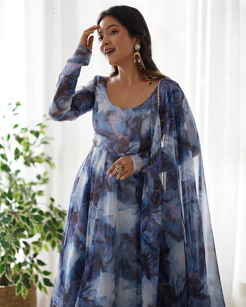 Navy Blue Color Pure Soft Organza Three Piece Anarkali Suit