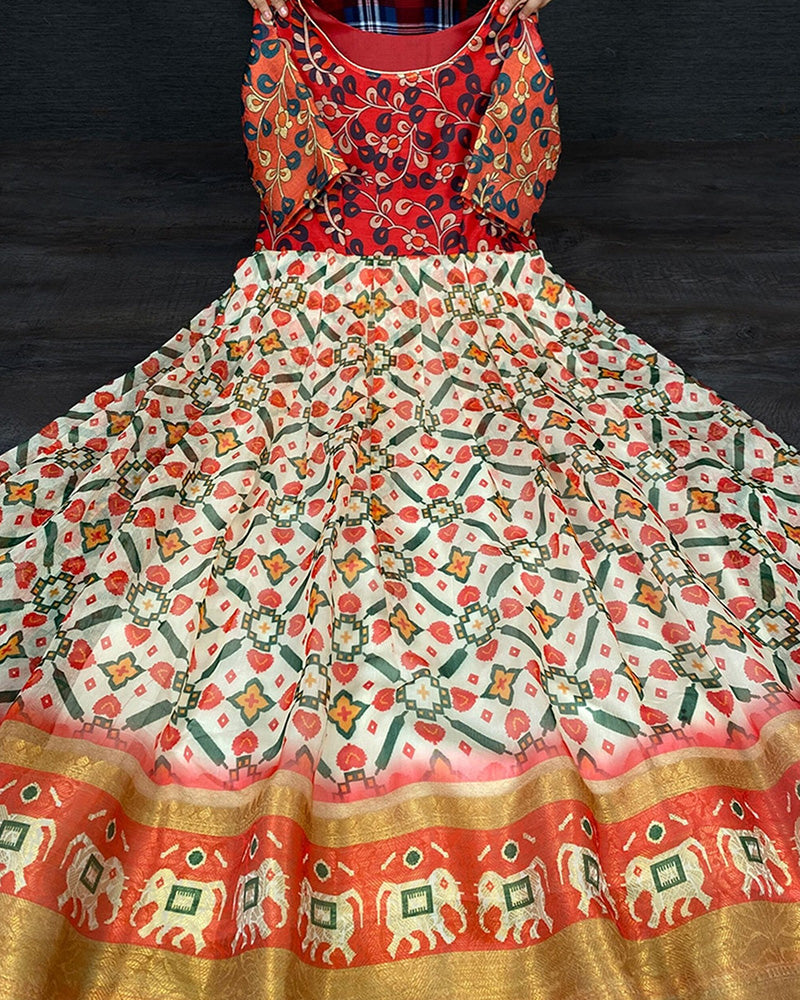 Multi Color Gown In Soft Cotton With Combination Of Print