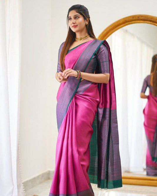 Pink Soft Banarasi Silk Saree With Exclusive Jacquard Border