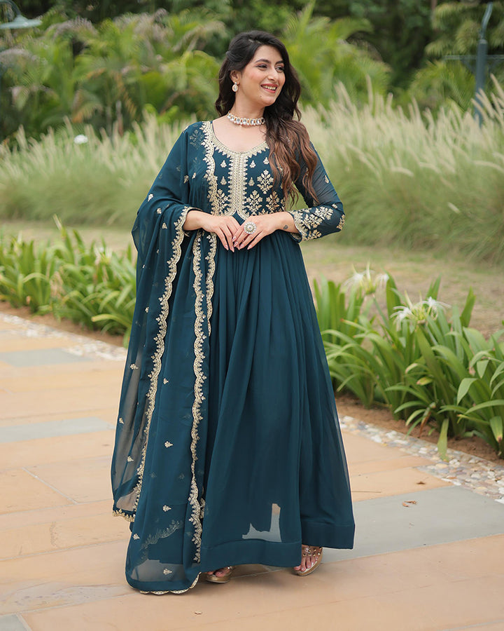 Designer Rama Color Anarkali Gown With Embroidery Dupatta