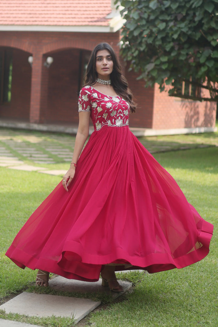 Pink Color Amazing Coding Sequence Embroidery Faux Blooming Gown