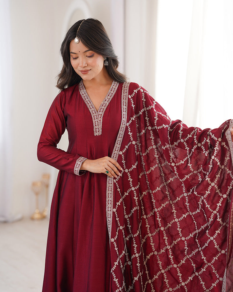 Maroon Color Vichitra Silk Embroidered Gown