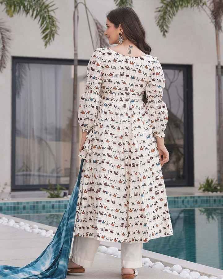 White Color Printed Pure Cotton Angarkha Style Anarkali Suit