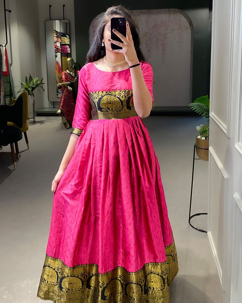 Pink Full Stitched Silk Weaving Work Gown