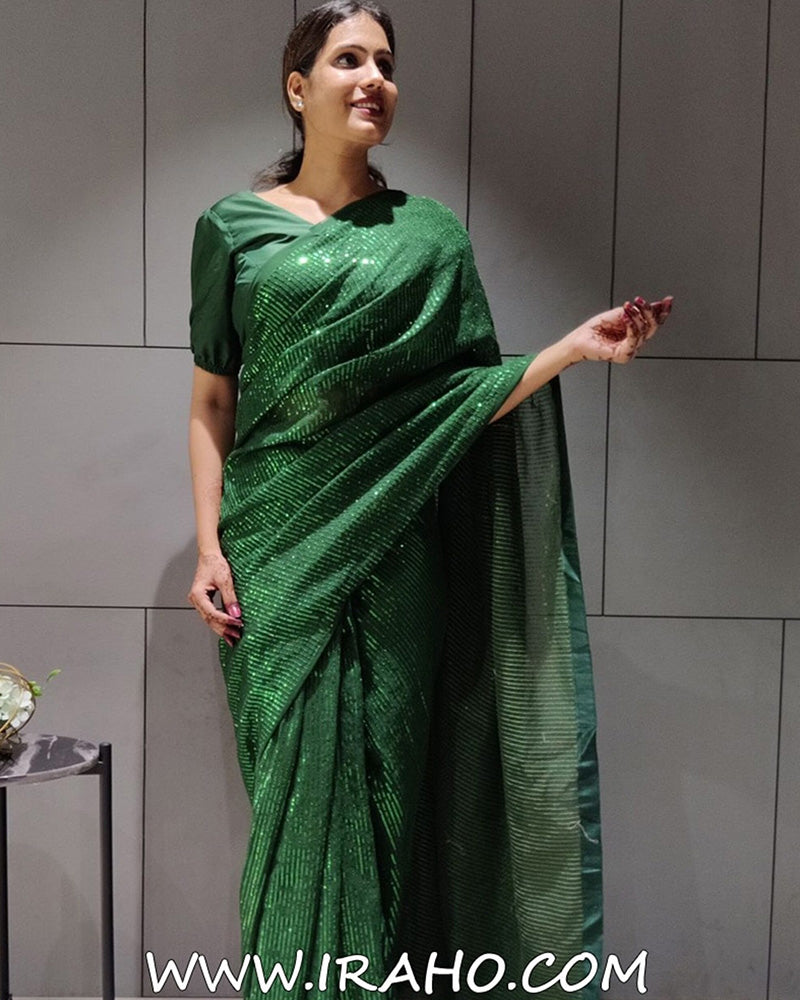 Green Georgette Sequence Ready To Wear Saree