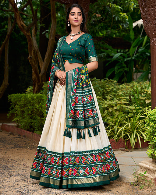 Patola Printed Green Color Tussar Silk Lehenga Choli