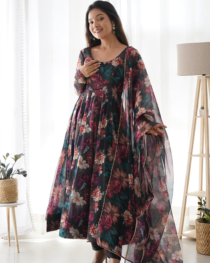 Black Pure Soft Organza Silk Colourfull Floral Print Anarkali Suit