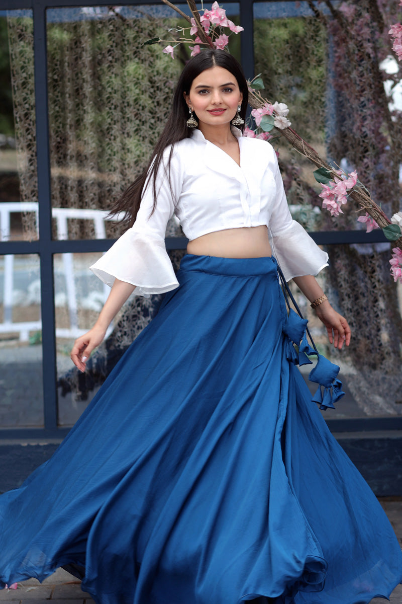 Blue Color Fully Stitched Chinnon Crop Top Lehenga With Phantom Silk Designer Blouse
