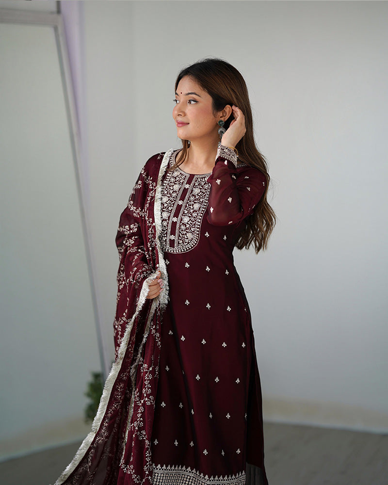 Maroon Color Rangoli Silk Three Piece Kurti Suit